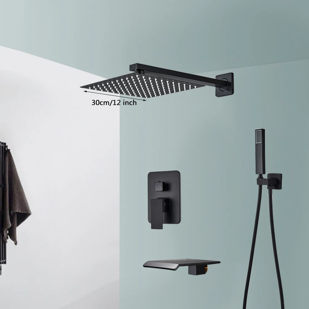 Black Shower Faucets System Bathroom Wall Mounted Rainfall Shower Kit Concealed Embedded Box Hot Cold Water Mixer Tap SUS304