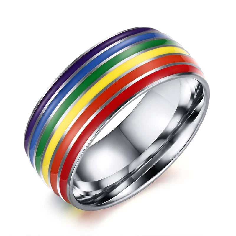 Wholesale Rainbow Lesbian Rings silver color Stainless Steel Lgbt Pride Ring 6m Width