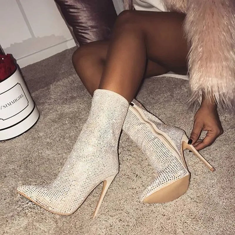 Crystal Thin High Heel Ankle Boots for Women Sexy Pointed Toe Short Boots Side Zipper Fashion Ladies Shoes