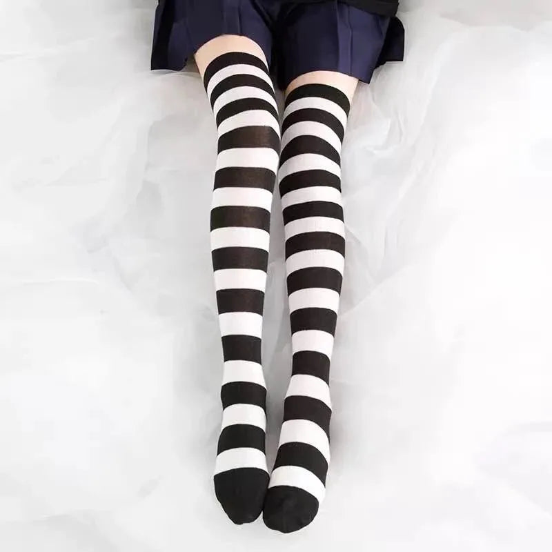 Cute Pink Blue Lolita Striped Stockings For Women Lovely School Girls Knee High Long Stockings Cosplay Anime Student Socks