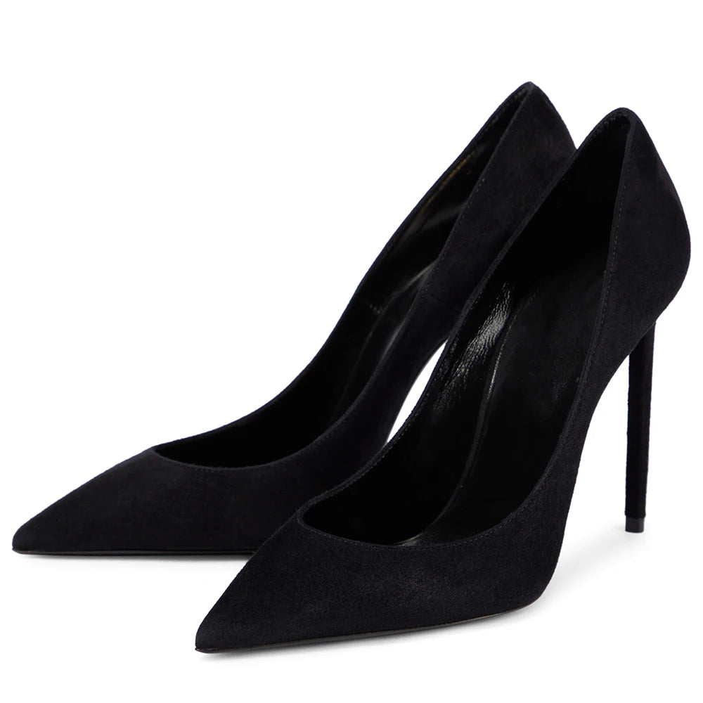 Large Size Classic Ladies Shoes Black Faux Suede Silk Thin Heel Pointed Toe Party Stilettos High Heels Pumps Women Footwear