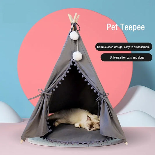 Indoor Foldable Pet Teepee Tent Cat Cave Bed Removable Cover Pattern Windows Washable Comfortable Breathable Canvas for Cats