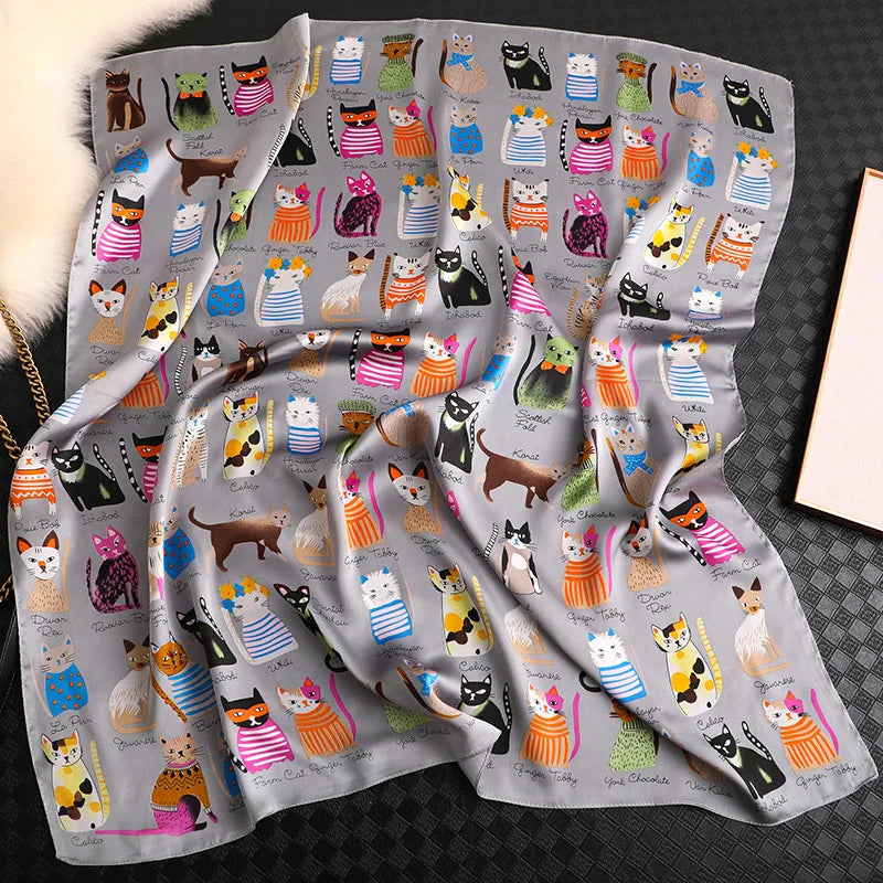Spring and summer NEW Luxury Brand 90x90cm Silk Square Scarf Women Tie Hairband Cat printed Scarves Female Foulard scarf stores
