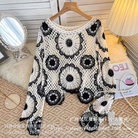 Early Autumn Design Sense Hollow-out Crochet Sweater Women's New Spice Girl Western Style Loose All-match Long-sleeved Top