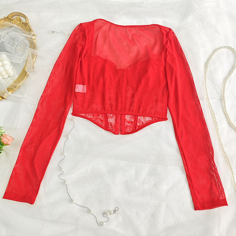 European and American Style Sexy Lace Mesh Square Collar Long-Sleeved T-Shirt Women's Hot Girl Stretch Slim-Fit Slimming Short Top