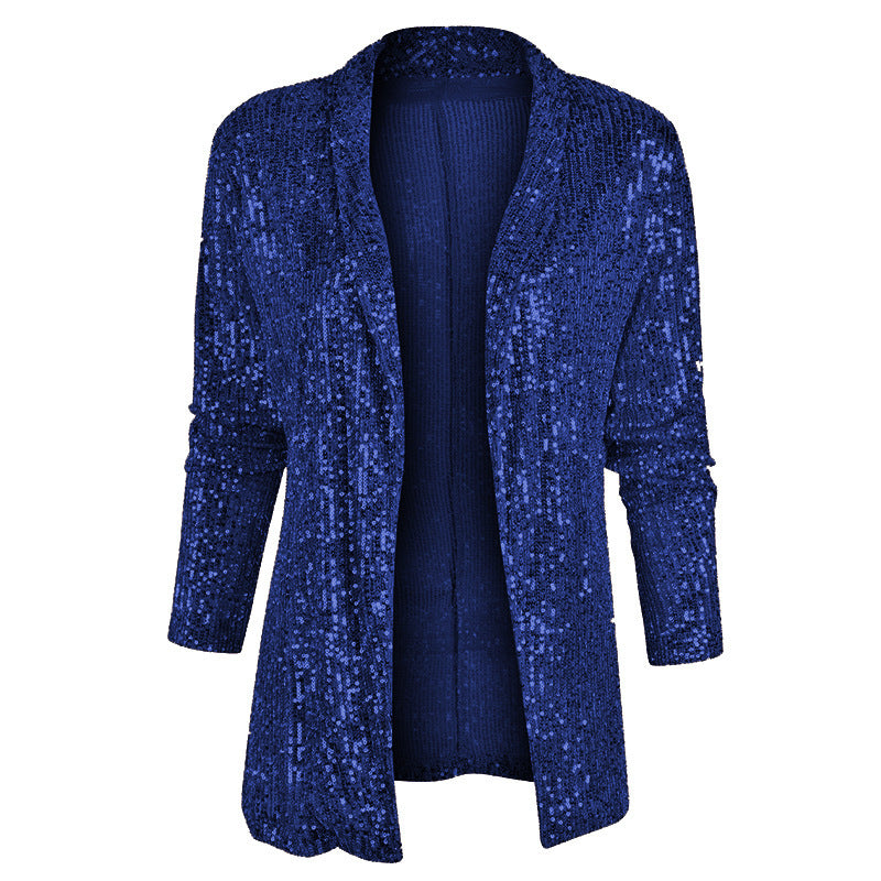 Cross-Border New European and American Amazon Sequined Long-Sleeved Elegant Mid-Length Small Suit Lapel Pure Color Jacket for Women