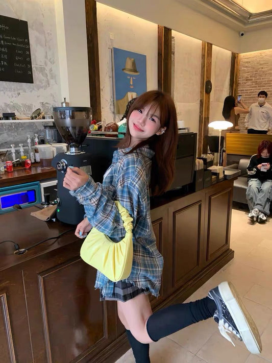 American-style Retro Blue Plaid Shirt Couple's Coat Spring and Autumn Loose Casual Sun-protective Shirt All-match Long-sleeved Top