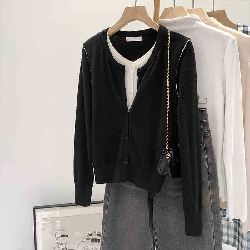Beautiful V-neck Fake Two-piece Sleeve Knitted Cardigan Jacket Women's 2024 Autumn and Winter Western Style Unique Chic Slim Small Top