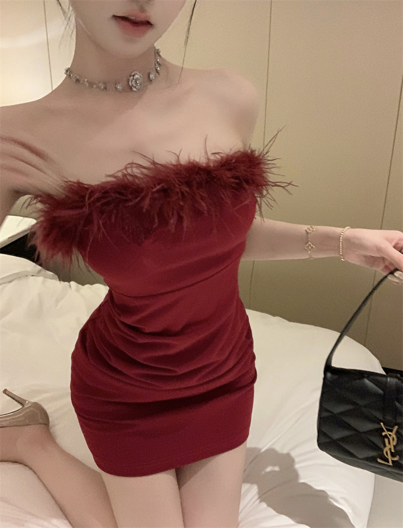 Pure Desire Sexy Spice Girl Strapless dress Slim-fit Waist Base Skirt Stitching Mao Mao Wrap Hip Skirt Autumn and Winter
