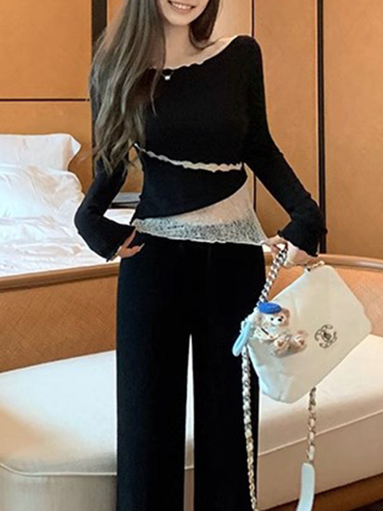 Lace Stitching Hollow-out Early Autumn Chic Long-sleeved T-shirt Women's High-end Skinny Base Shirt Autumn and Winter Inner Top
