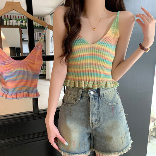 Korean Style Sweet Spice Girl V-neck Gradient Knitted Vest Top Women's Summer New Sexy Ear Side Camisole Vest