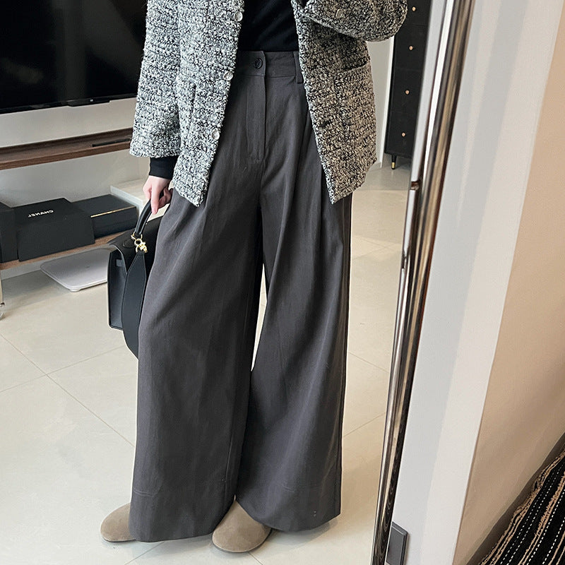Sanding Thickened Flangable Wide Leg Pants Women's Autumn and Winter Washed Cotton Casual Pants Loose Lazy Slimming Wide Leg Pants