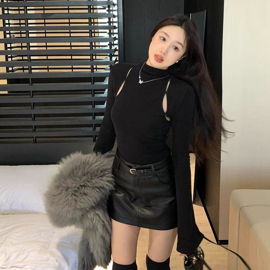 Pure Desire Thread Velvet Tight Inner Half-High Neck T-Shirt Women's Spring and Autumn Design Sense Hollow Base Shirt Top