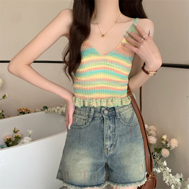 Korean Style Sweet Spice Girl V-neck Gradient Knitted Vest Top Women's Summer New Sexy Ear Side Camisole Vest