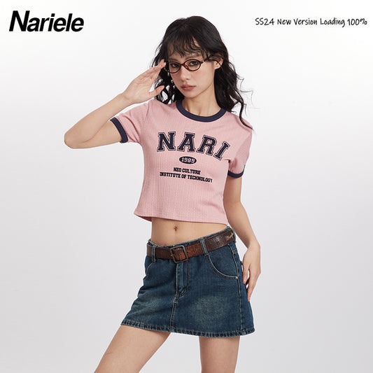 HeyHenry European and American Short-sleeved T-shirt Women's Personalized Trendy Brand Color-block Letter Printed Design Short Navel Top
