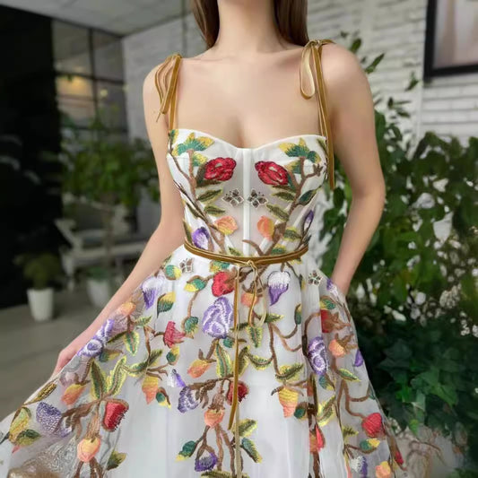 2025 Cross-Border New European and American Clothing Dress One-Shoulder Tube Top Embroidered Elegant Slim Mesh Long Skirt