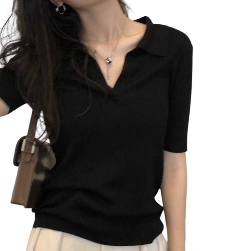 Cotton Polo Collar Short-Sleeved Summer New High-End Slim-Fitting Small Chic Collarbone Sweet Hottie Tops for Women Trendy