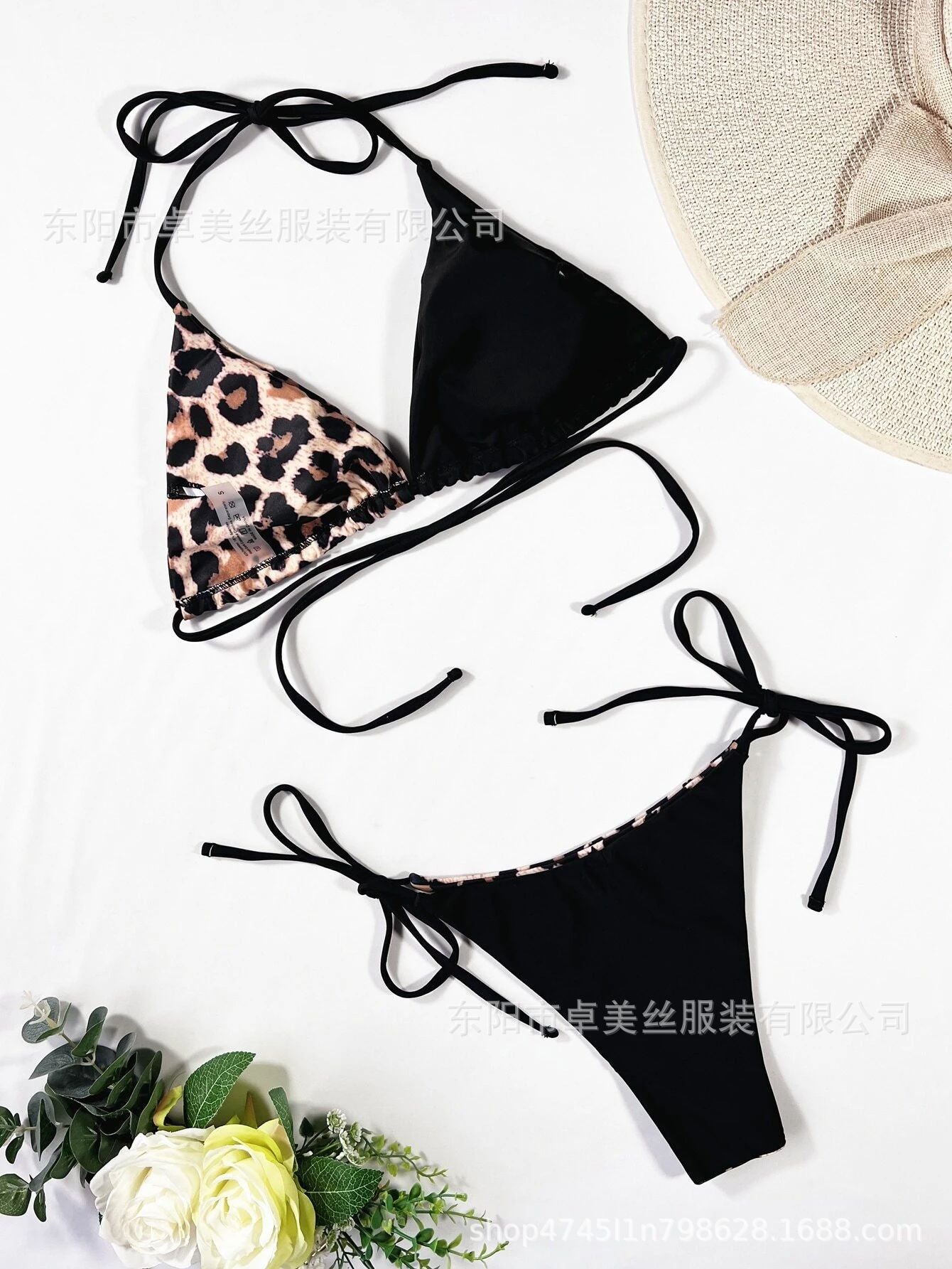 Cross-border new leopard print split women's swimwear sexy neck lace-up bikini backless triangle bag bikini wholesale