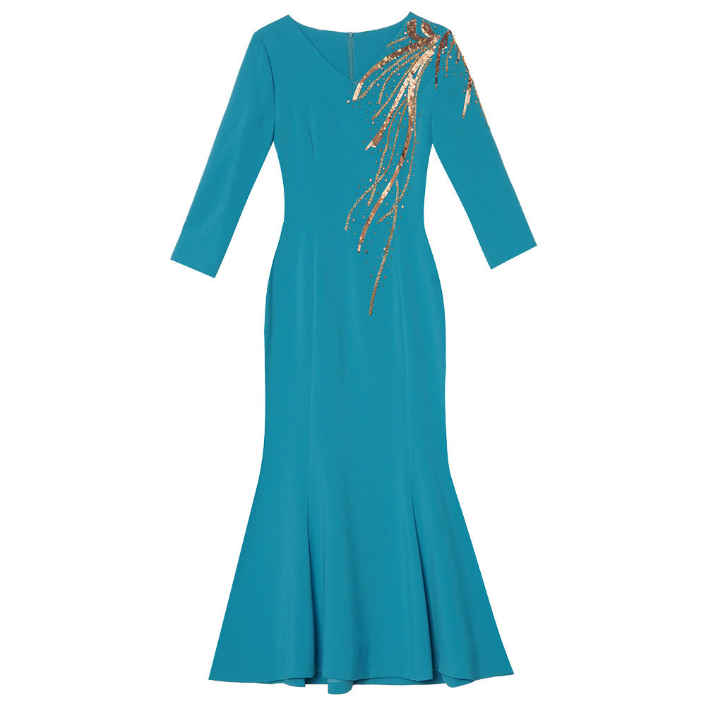 Zhili 2026 New Model Dress, High-End for Important Occasions, Rhinestone V-Neck Long Slim-Fit Light Gown, Mermaid Dress