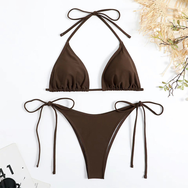 European and American Solid Color Split Swimsuit Women's Sexy Bikini Cross-border Hot Tight Gather Deep V High-end Swimsuit Women