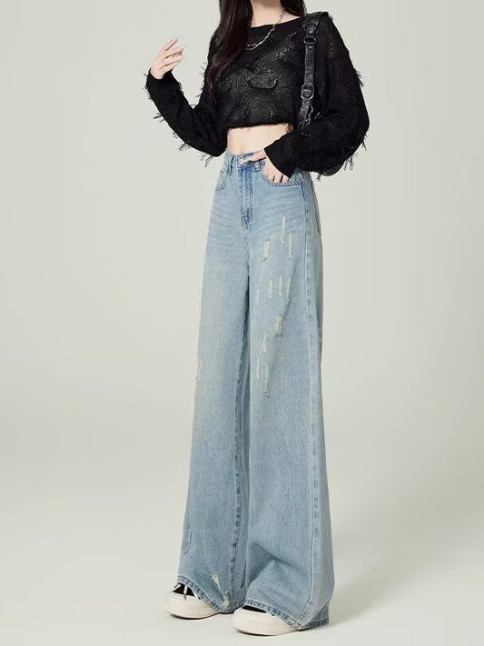 American Style Women's Wide Leg Jeans Spring and Autumn New Design Sense High Waist Slimming Straight Pants Women's Trendy