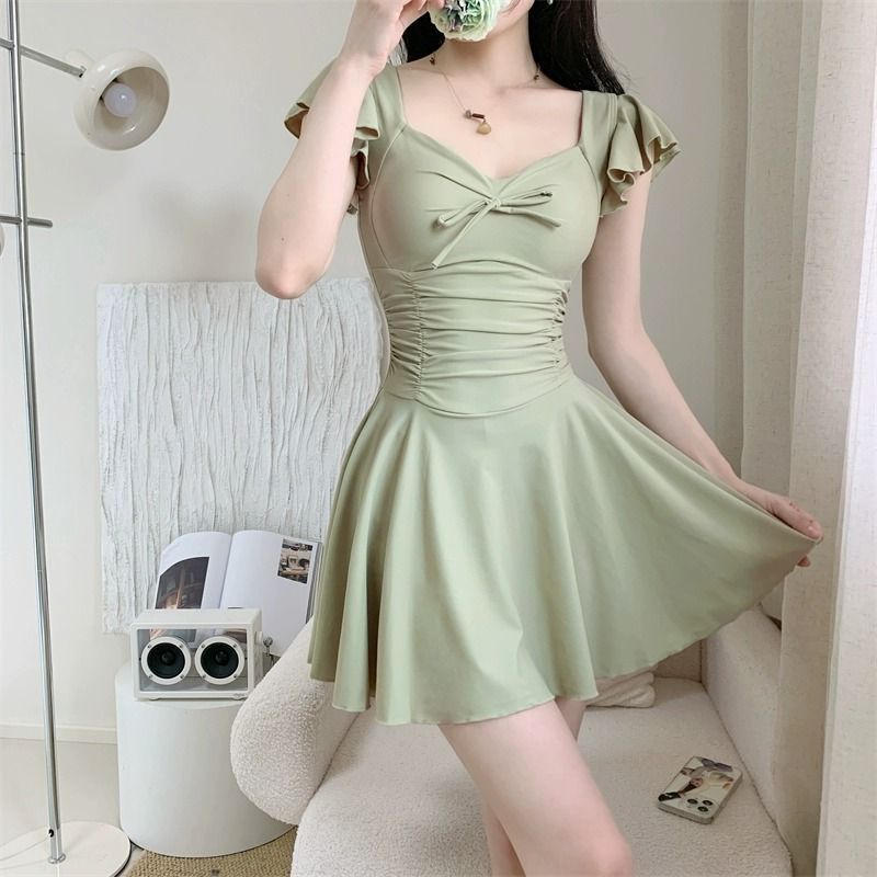 Women's Swimsuit Skirt Style One-Piece Conservative Body-Covering Slimming Look Korean Style Ins Fairy Style Small Breast Push-Up Hot Spring Vacation Swimsuit