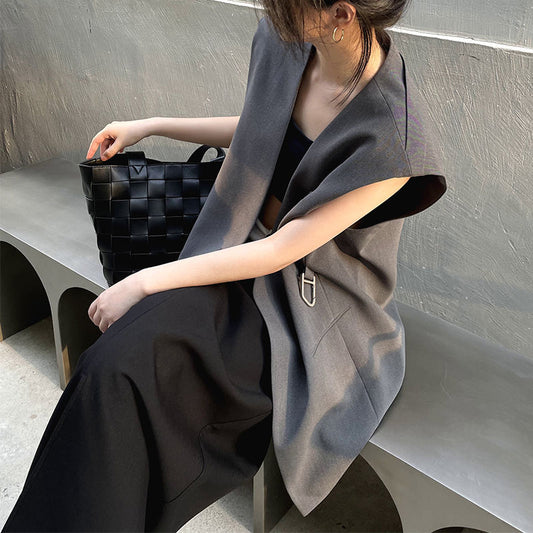 2026 Summer New Design Collarless Vest Suit for Women, Korean Style Loose Mid-Length Sleeveless Jacket