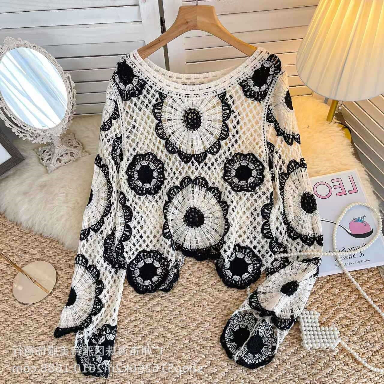Early Autumn Design Sense Hollow-out Crochet Sweater Women's New Spice Girl Western Style Loose All-match Long-sleeved Top