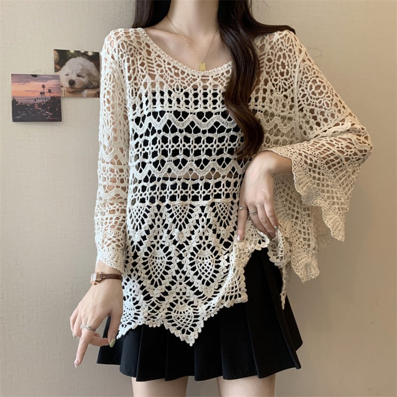 Palace Style French Embroidered Lace Shirt Women's Spring Loose Slimming Sweet Horn Sleeve Small Shirt Elegant Hollow Top
