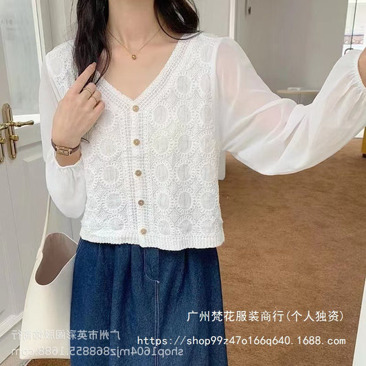 Spring and Summer All-match Sunscreen Stitching Chiffon Cardigan Long-sleeved Puff-sleeved Women's Niche Top Loose Western-style Coat