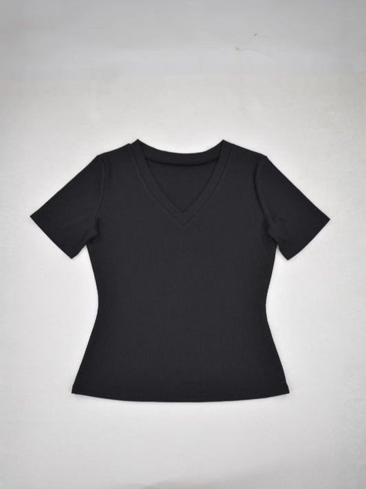 Solid Color Ribbed Pit V-Neck Short-Sleeve Tee