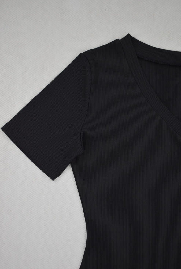 Solid Color Ribbed Pit V-Neck Short-Sleeve Tee