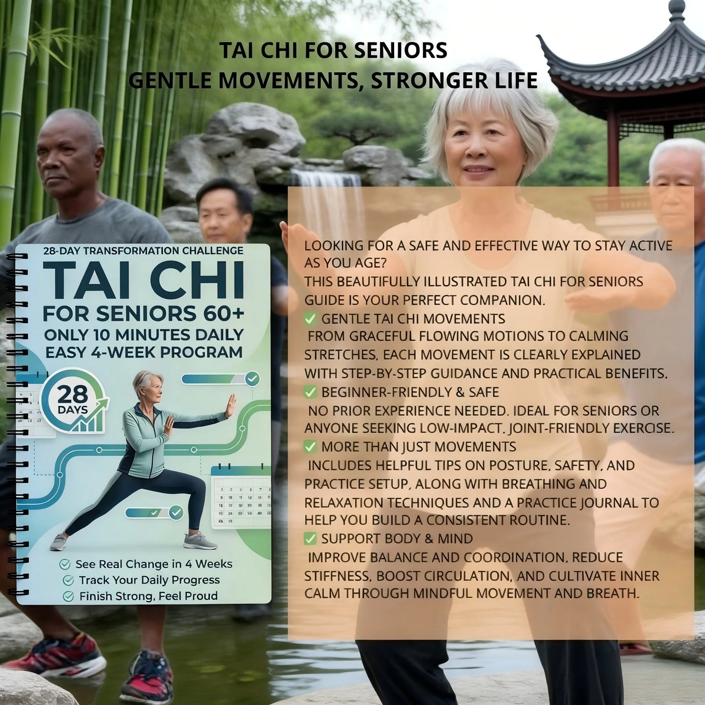 Gentle Tai Chi for Seniors – Spiral Bound Step-by-Step Book with Daily Routines to Improve Balance, Mobility & Independence, Ill
