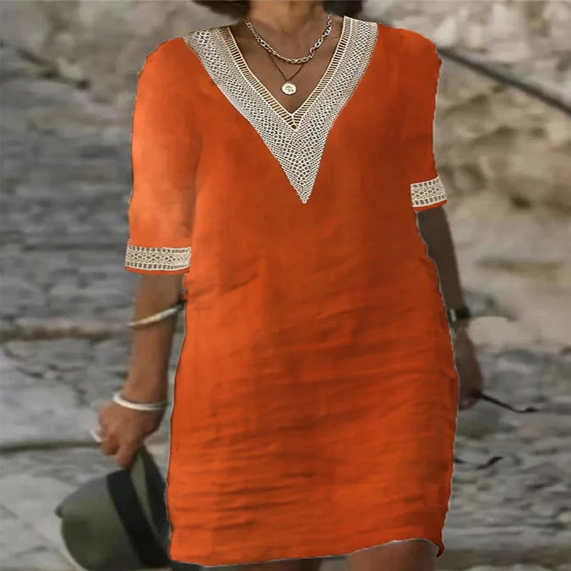 New solid color V-neck mid-sleeved elegant dress
