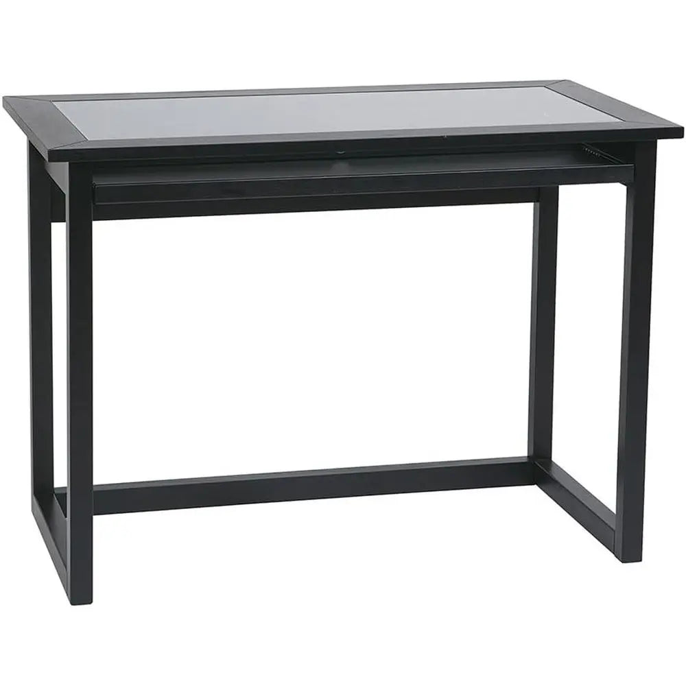 42 Wide Glass Top Computer Desk with Pullout Keyboard Tray and Storage, Black Wood Frame