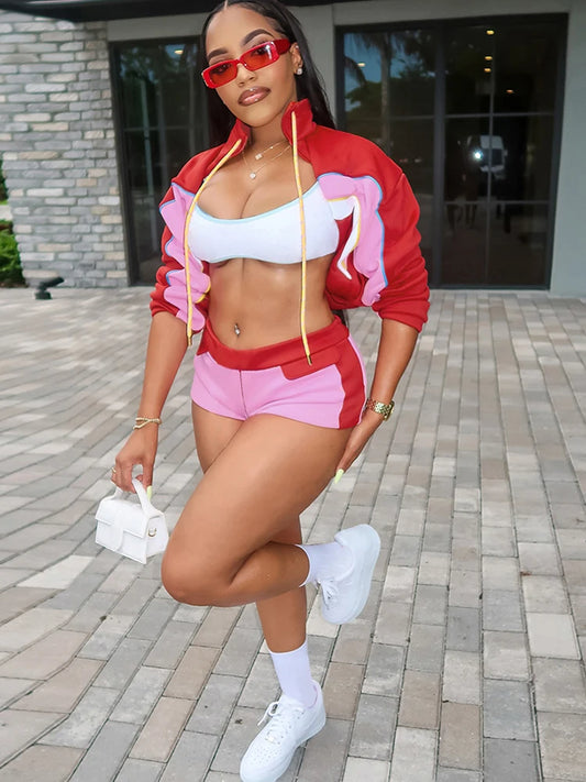 Sisterlinda Panelled Casual 2 Piece Set Hipster Sporty Sweet Zip-up High Collar Full Sleeve Coats+Elastic Waist Shorts Tracksuit