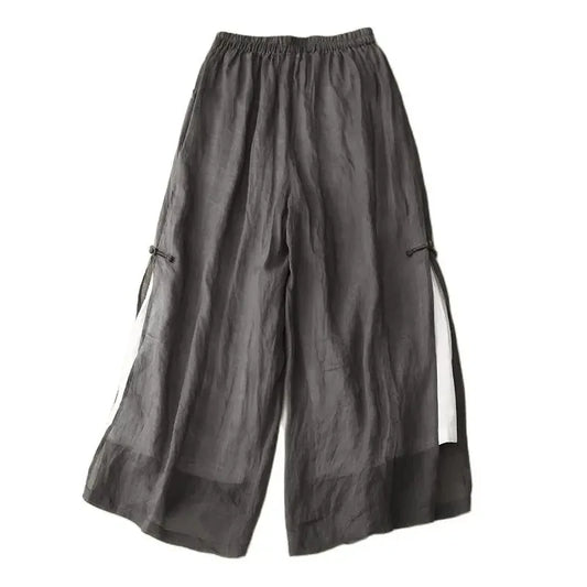 Gray Cotton Linen Casual Elastic High Waist With Lining Women's Pants Wide Leg Ankle-Length Pants For Women Clothing Fashion