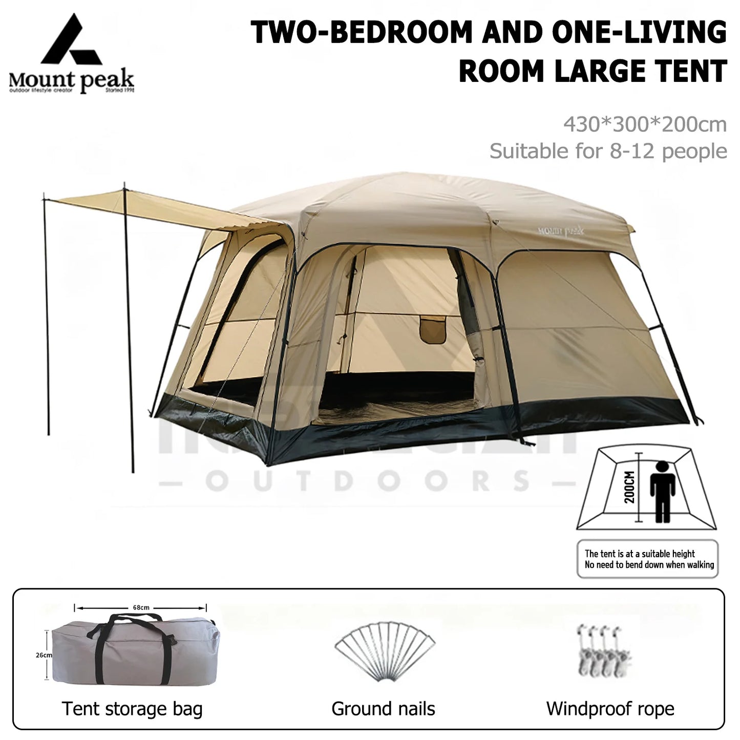 Mount Peak offers two-bedroom tents that can accommodate 5-8 people, and outdoor camping park family tents with sunshades.