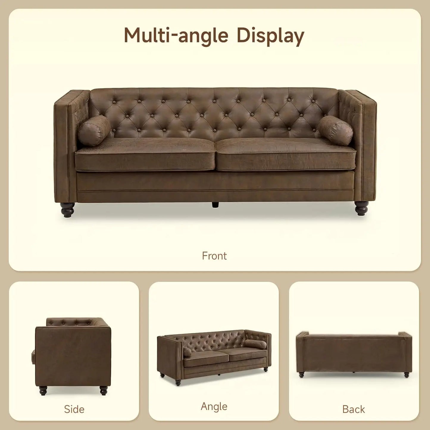 79'' Chesterfield Sofa for Living Room, Comfy Faux Leather Button-Tufted Couch with 2 Bolster Pillows and Wood, Customized