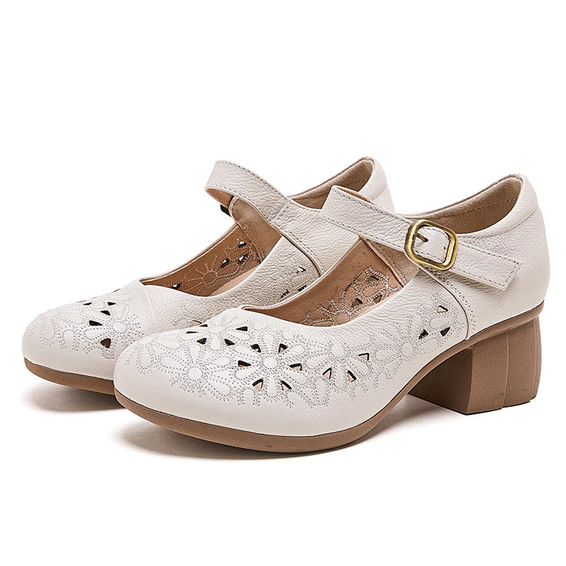 DIMANYU Women Floral Hollow Mary Jane Shoes Genuine Leather Mid Heel Summer Comfort Mother Shoes Ladies Dress Sandals