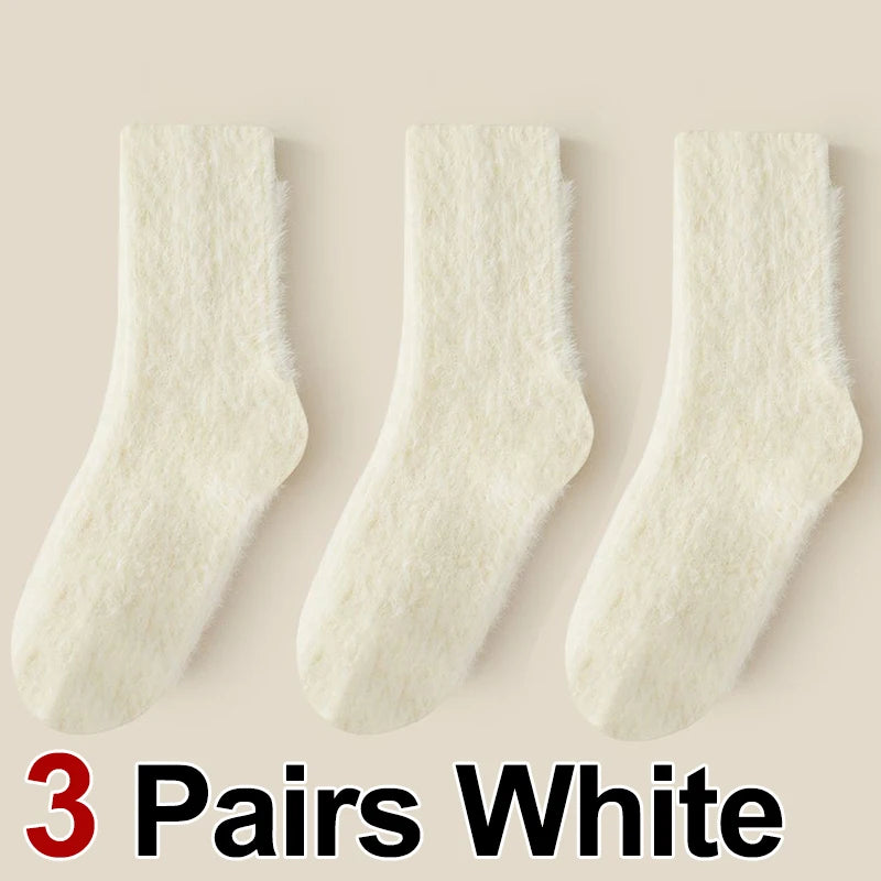 3/6 Pairs Women Autumn Winter Solid Color Plush Mid Tube Socks Warm and Thick Black White Soft Comfortable Casual Socks