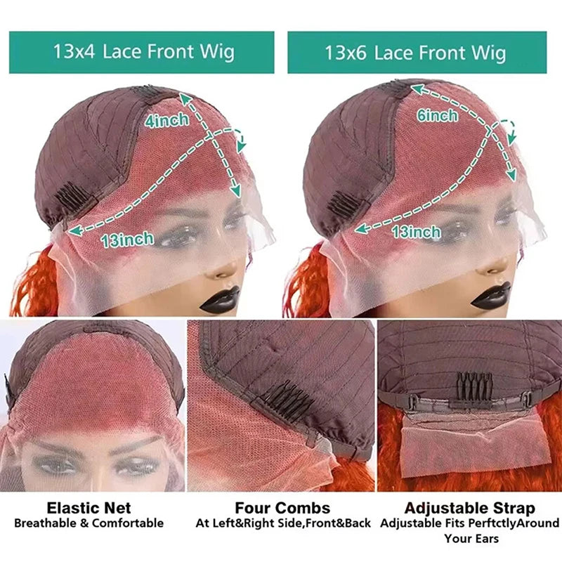 Ginger Human Hair Wig Bone Straight Ginger Orange Lace Front Wig Human Hair Transparent Lace #350 Colored Wig With Baby Hair