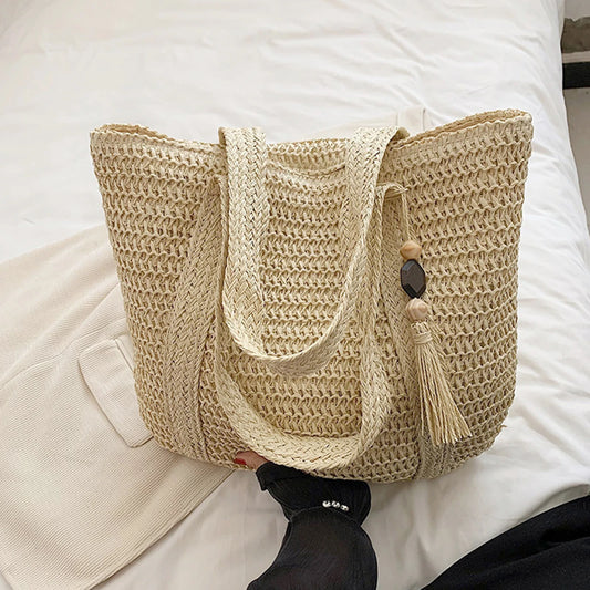 Women Hand Woven Tote Bag Solid Color Large Capacity Square Handbag Straw Shoulder Bag with Tassel Pendant