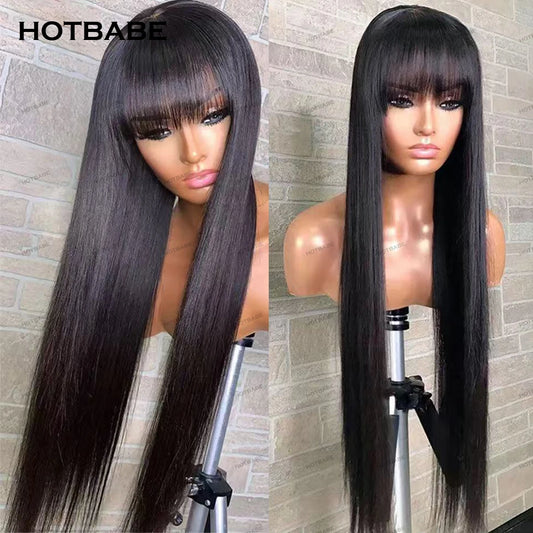 13x6 HD Lace Front Wig With Bangs Preplucked for Women Glueless Wigs Human Hair Natural Black Straight 360 HD Lace Frontal Wigs