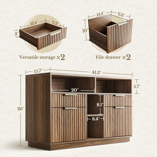 4 Drawer File Cabinet, Fluted Wood Lateral Filing Cabinet with Lock and Charging Station for Home Office, Printer, Customized