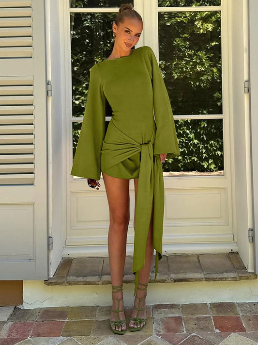 Dulzura 2025 Autumn Fashion Elegant O-Neck Long Sleeve Slim Fit Lace Up Mini Dress Ladies Solid Casual Clothes Party Club Outfit