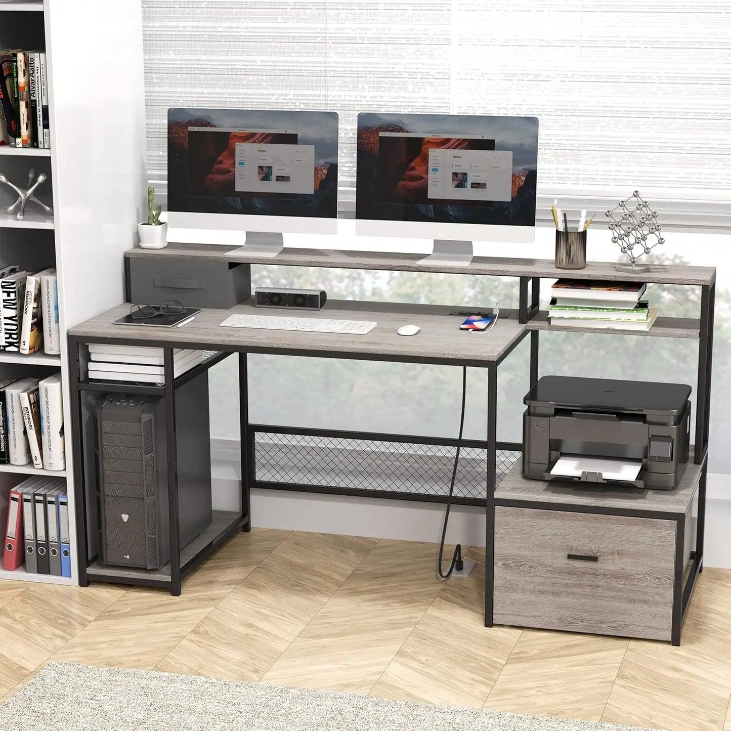 Home Office Desks with Drawers, 66'' Computer Desk with Storage, Office Desk with Monitor Stand, Work Desk with, Customized
