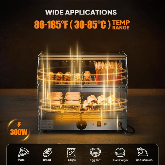 Commercial Food Warmer Display Pizza Warmer, 2-Tier Electric Countertop Food Warmer with LED Acrylic Door Removable Shelv