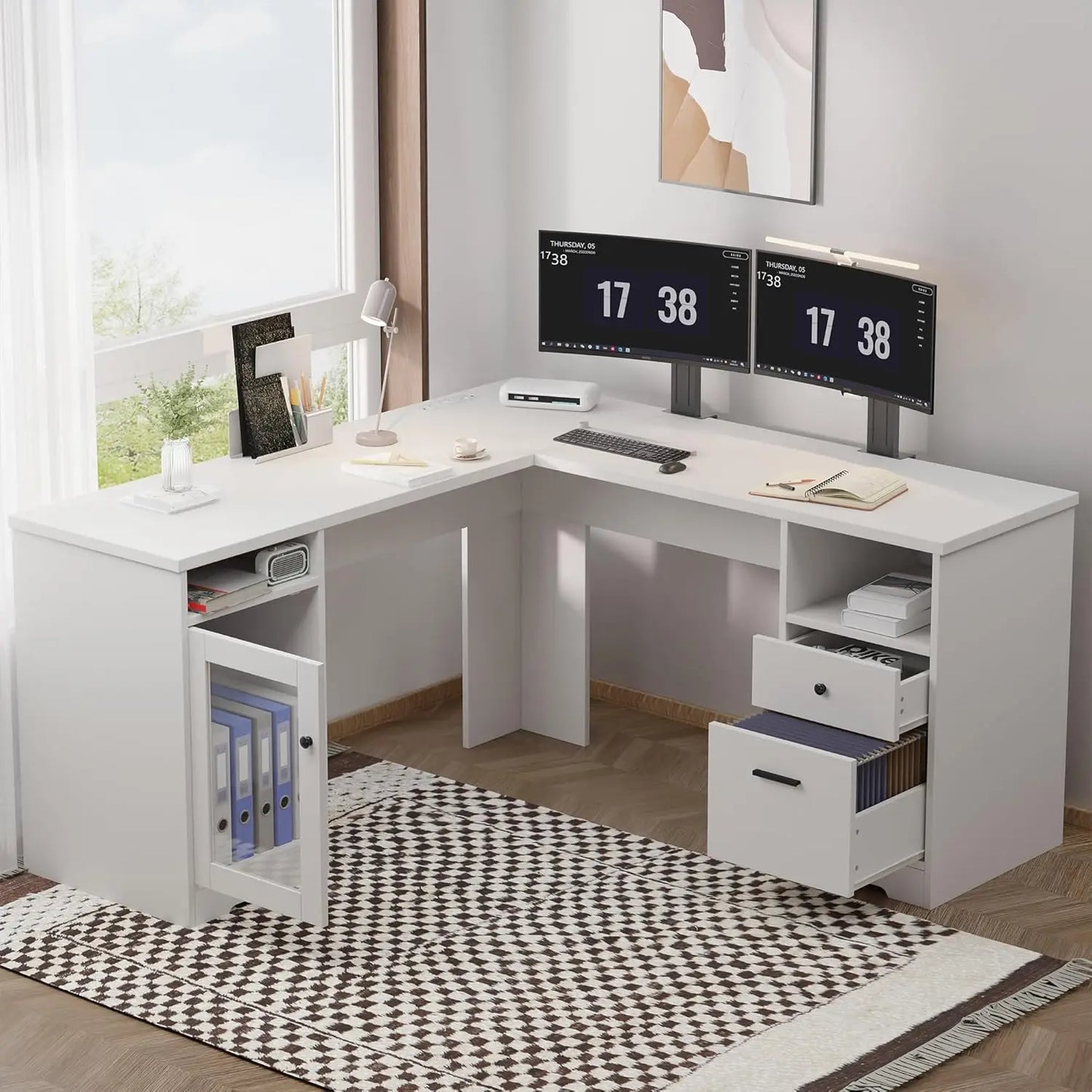 L Shaped Desk with File Cabinet, Corner Computer Desk with Storage Drawers, Large Home Office Table with Power, Customized