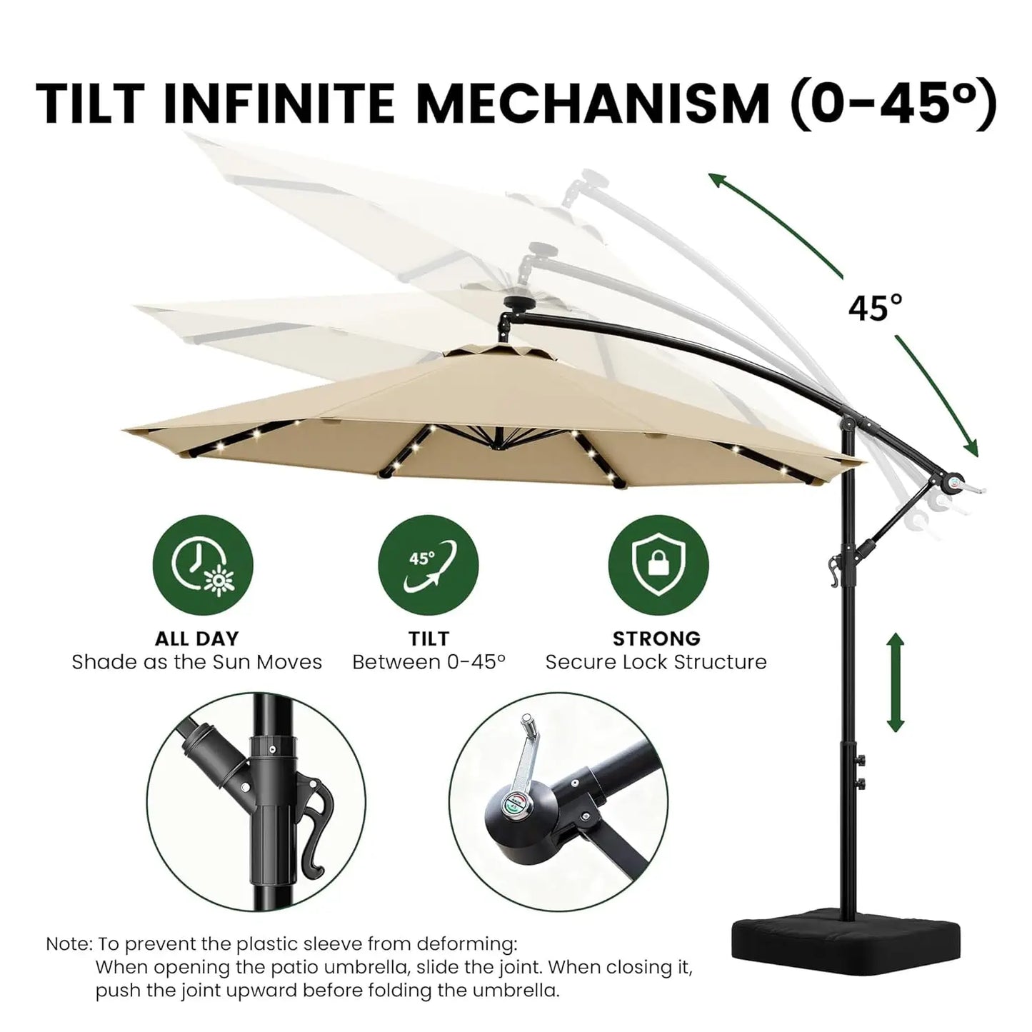 10ft Solar LED Patio Umbrella with Base, 32 LED Lighted Outdoor Offset Cantilever Umbrella with Sturdy 8 Rids, Customized